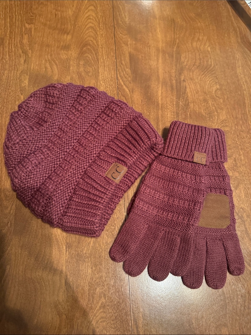 C.C. Burgundy Knit Beanie and Glove Set